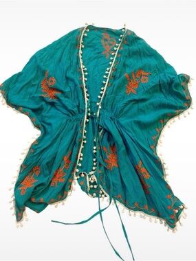 Embroidered Teal Kimono Cover-Up with Orange Accents
